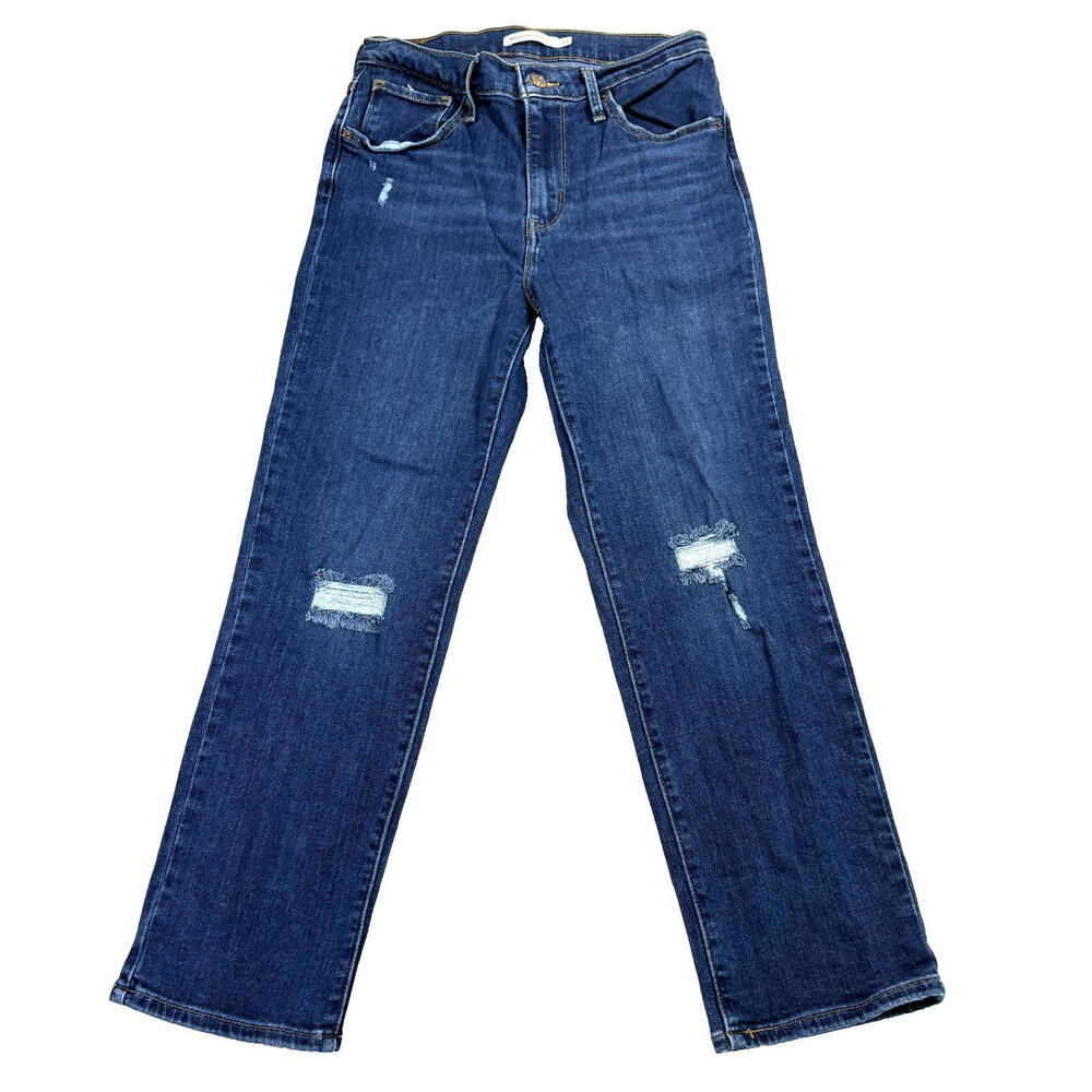Levi’s 724 High Rise Straight Crop Jeans Womens 27 Blue Distressed Denim